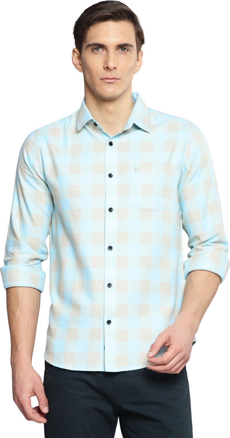 Image of Allen Cooper Men Checkered Casual Light Blue, Beige Shirt