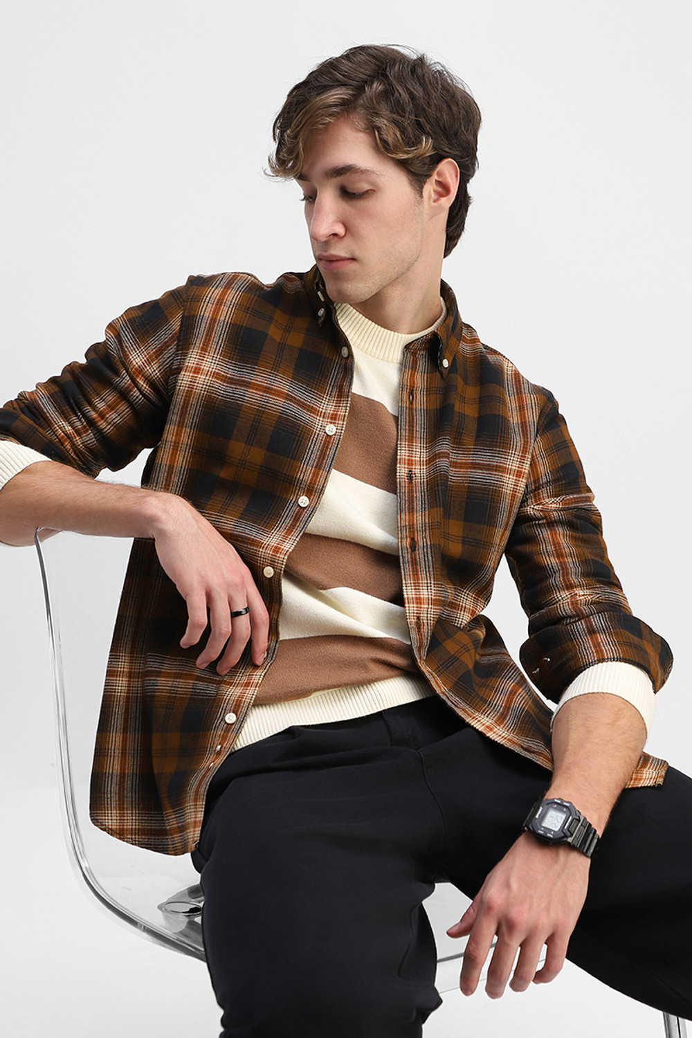 Image of Snitch Men Checkered Casual Brown Shirt