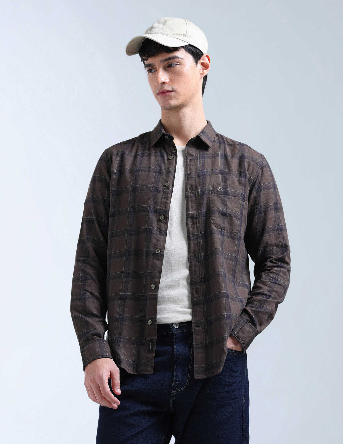 Image of FLYING MACHINE Men Checkered Casual Brown Shirt