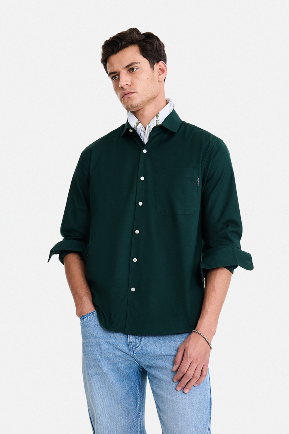 Image of Snitch Men Solid Casual Dark Green Shirt