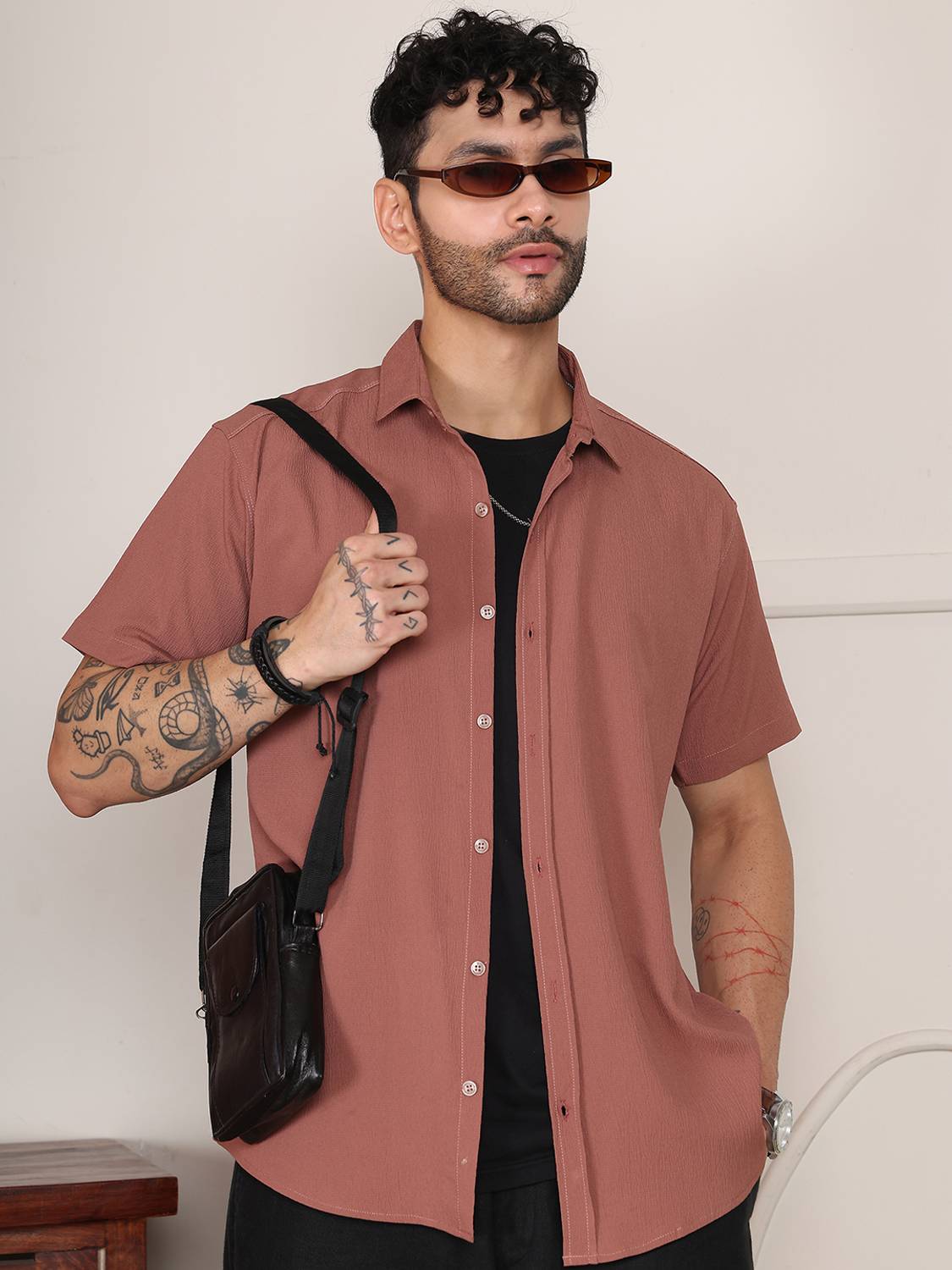 ANP BIHARIKA Men Solid Casual Brown Shirt