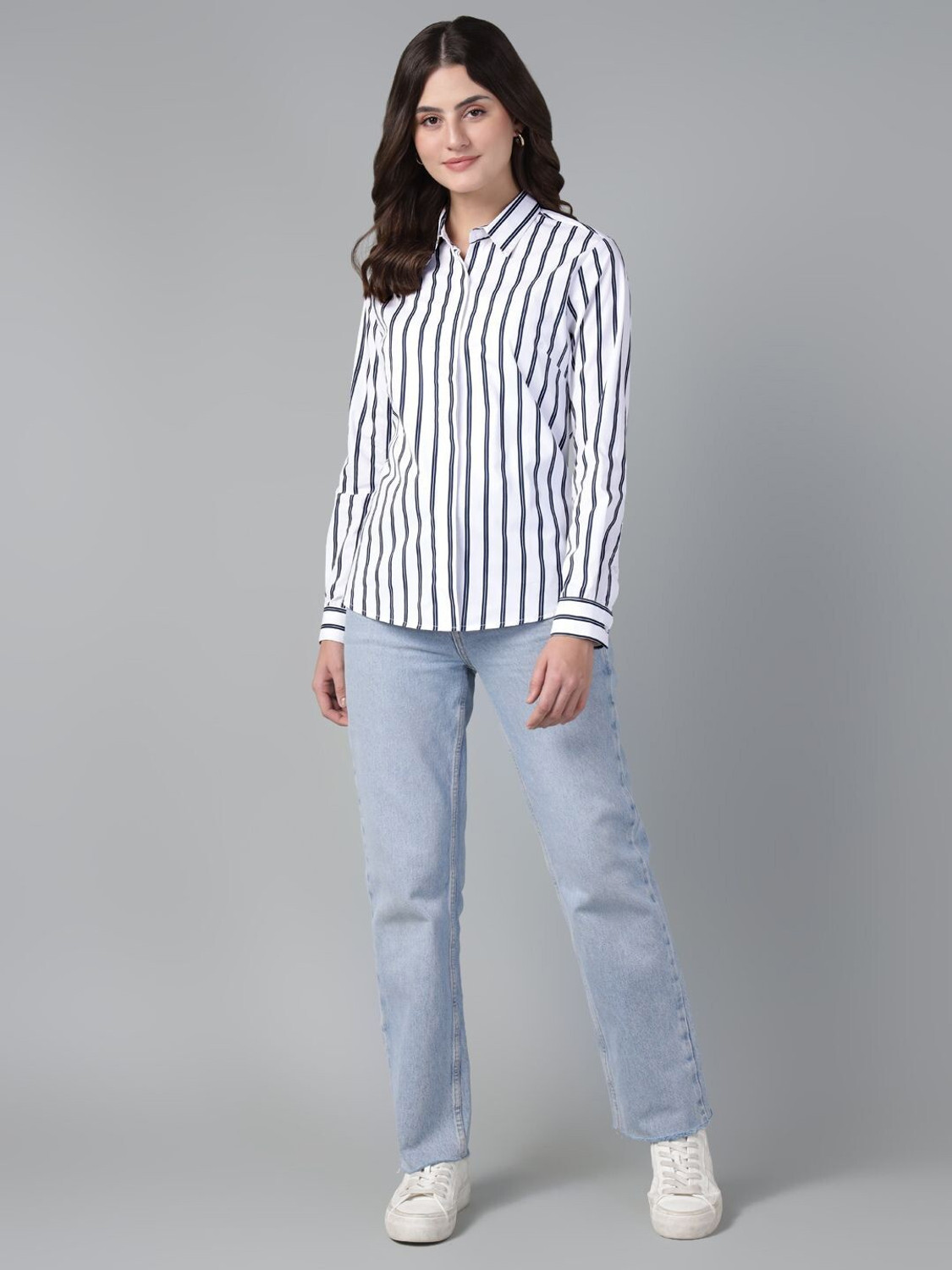 Image of Hancock Women Striped Casual White, Dark Blue Shirt