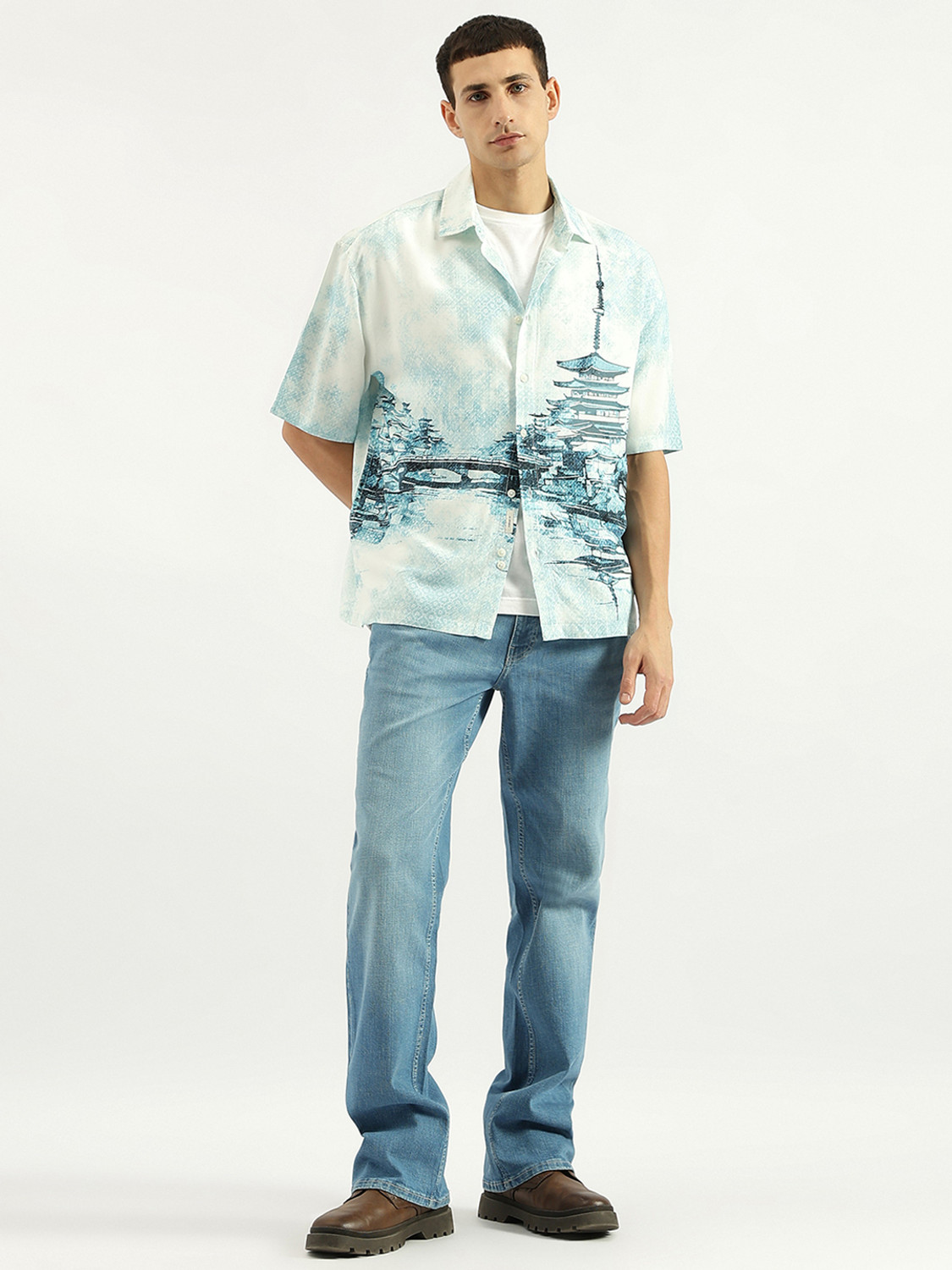 Image of United Colors of Benetton Men Printed Casual Blue Shirt