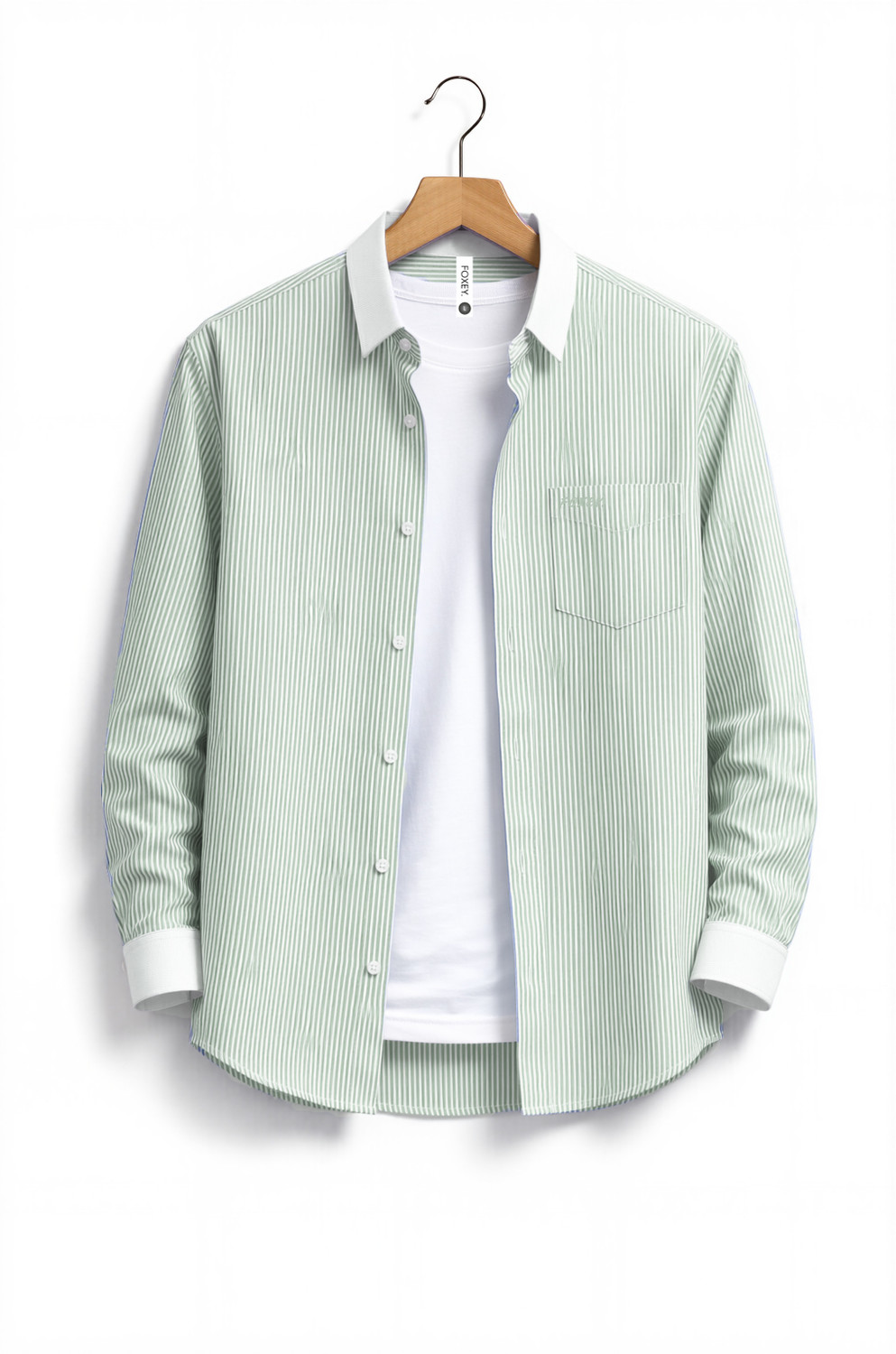 Image of FOXEY Men Self Design Casual Light Green, White Shirt