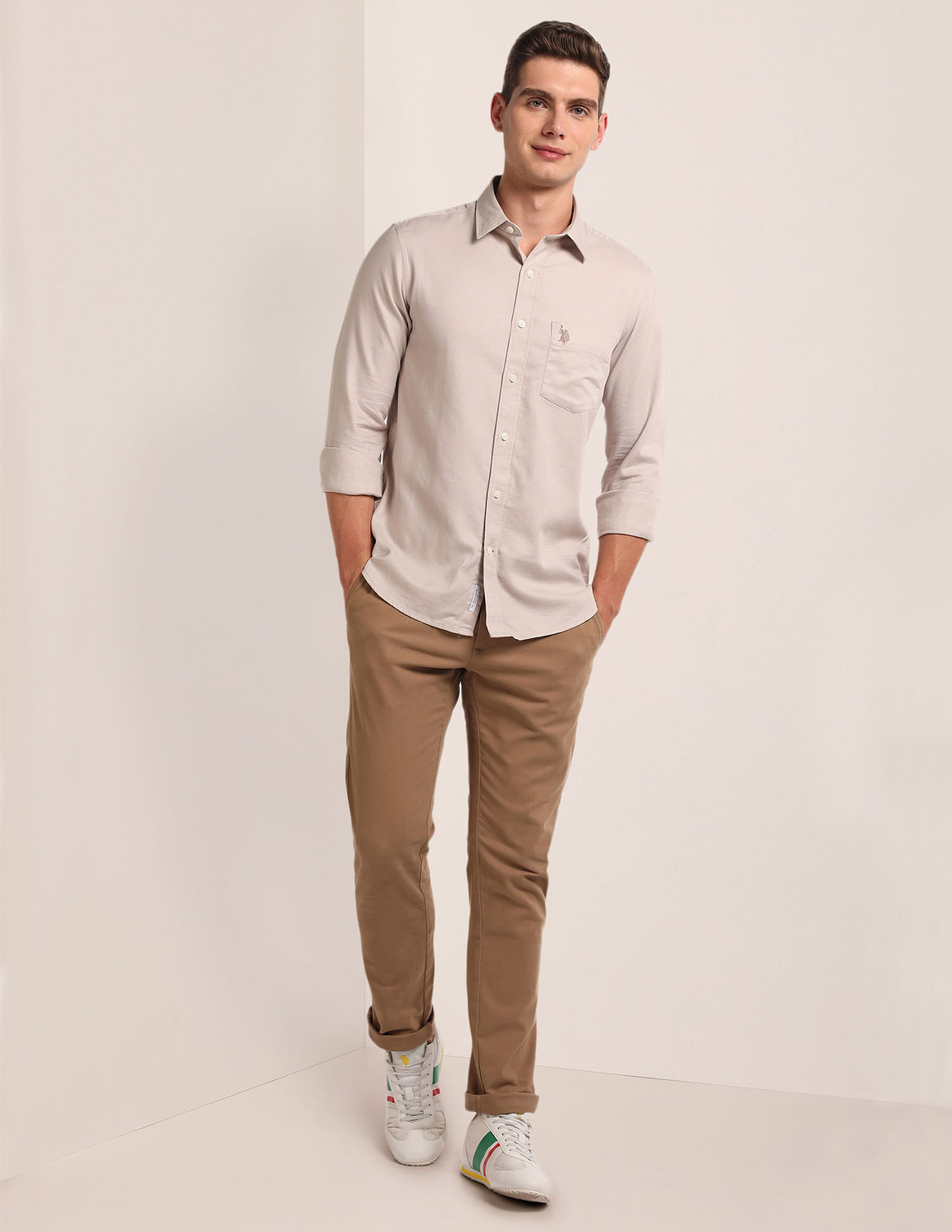 Image of U.S. POLO ASSN. Men Solid Casual Beige Shirt