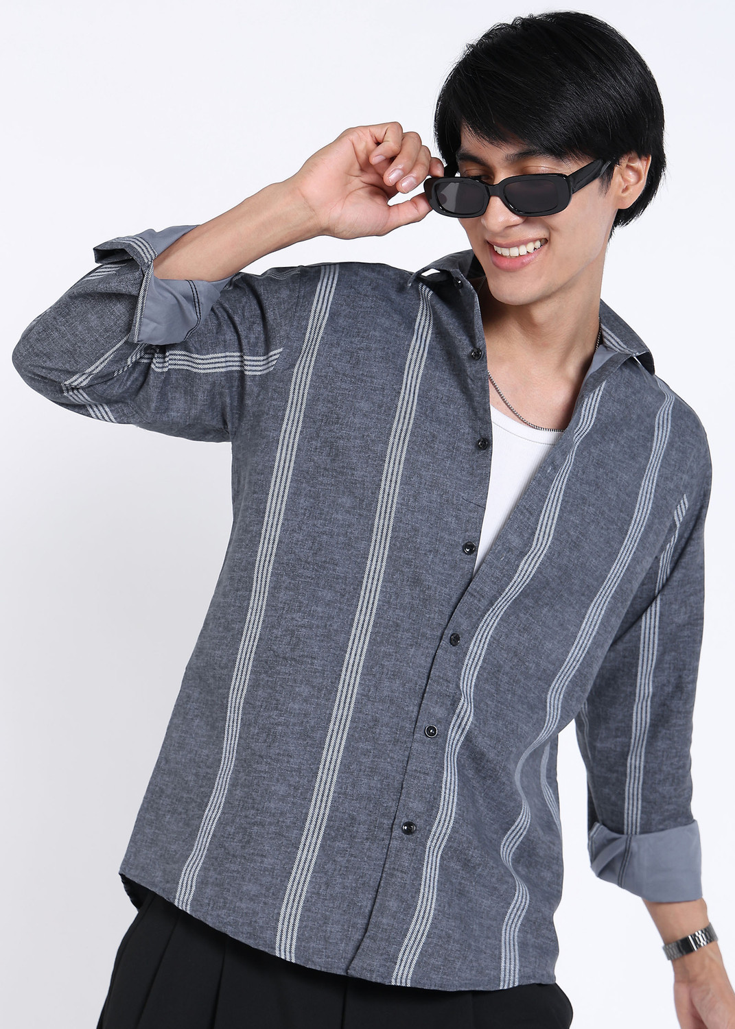 Image of RODEIZ Men Striped Casual Grey Shirt