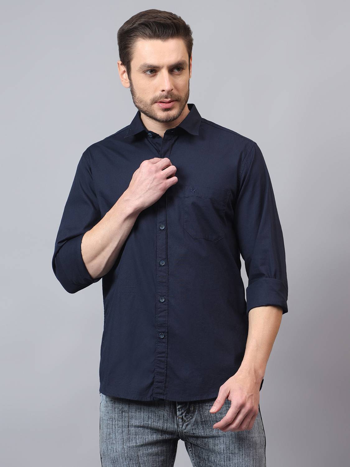 CANTABIL Men Solid Casual Dark Blue Shirt