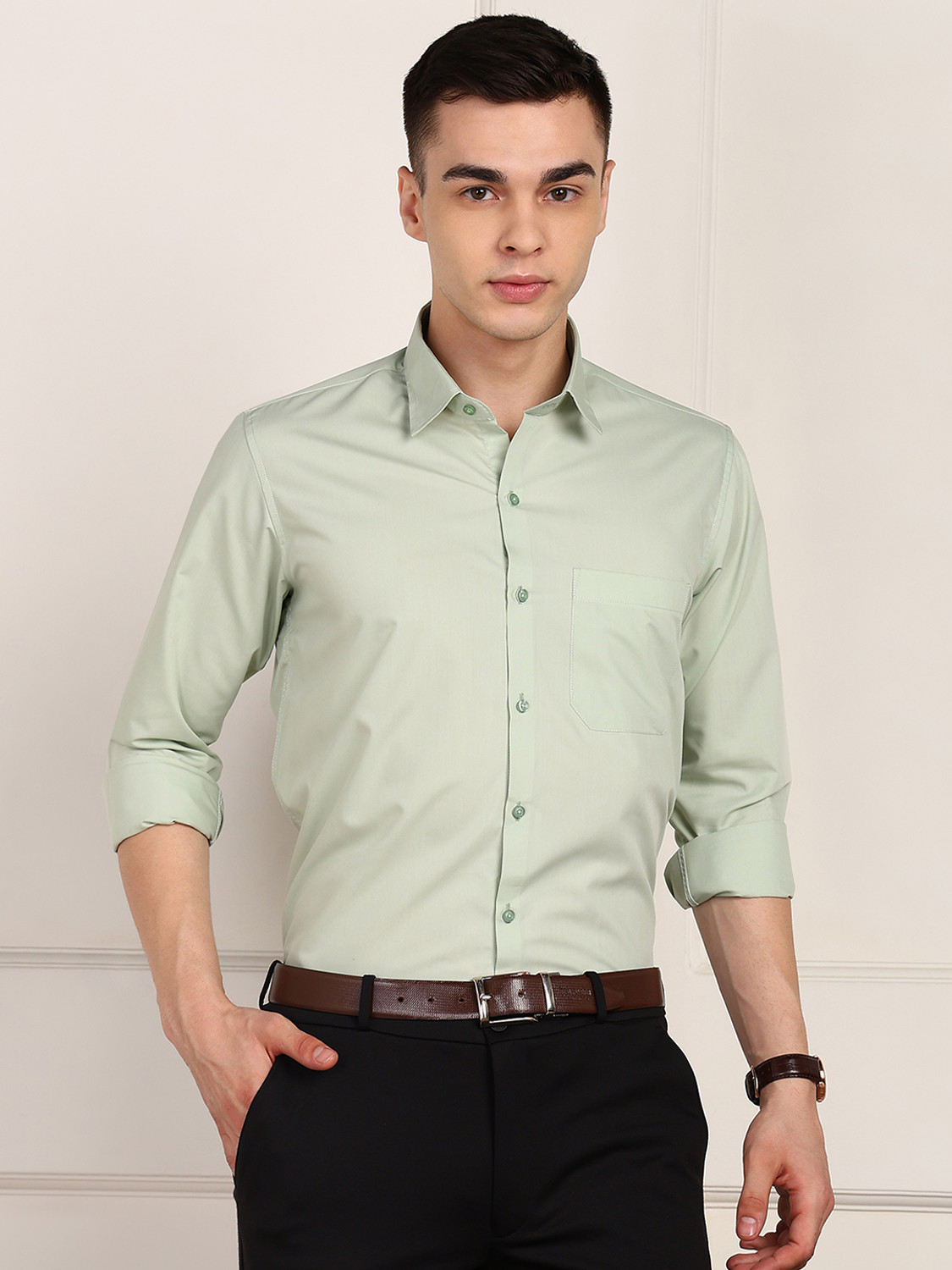 Image of FUBAR Men Slim Fit Solid Spread Collar Formal Shirt