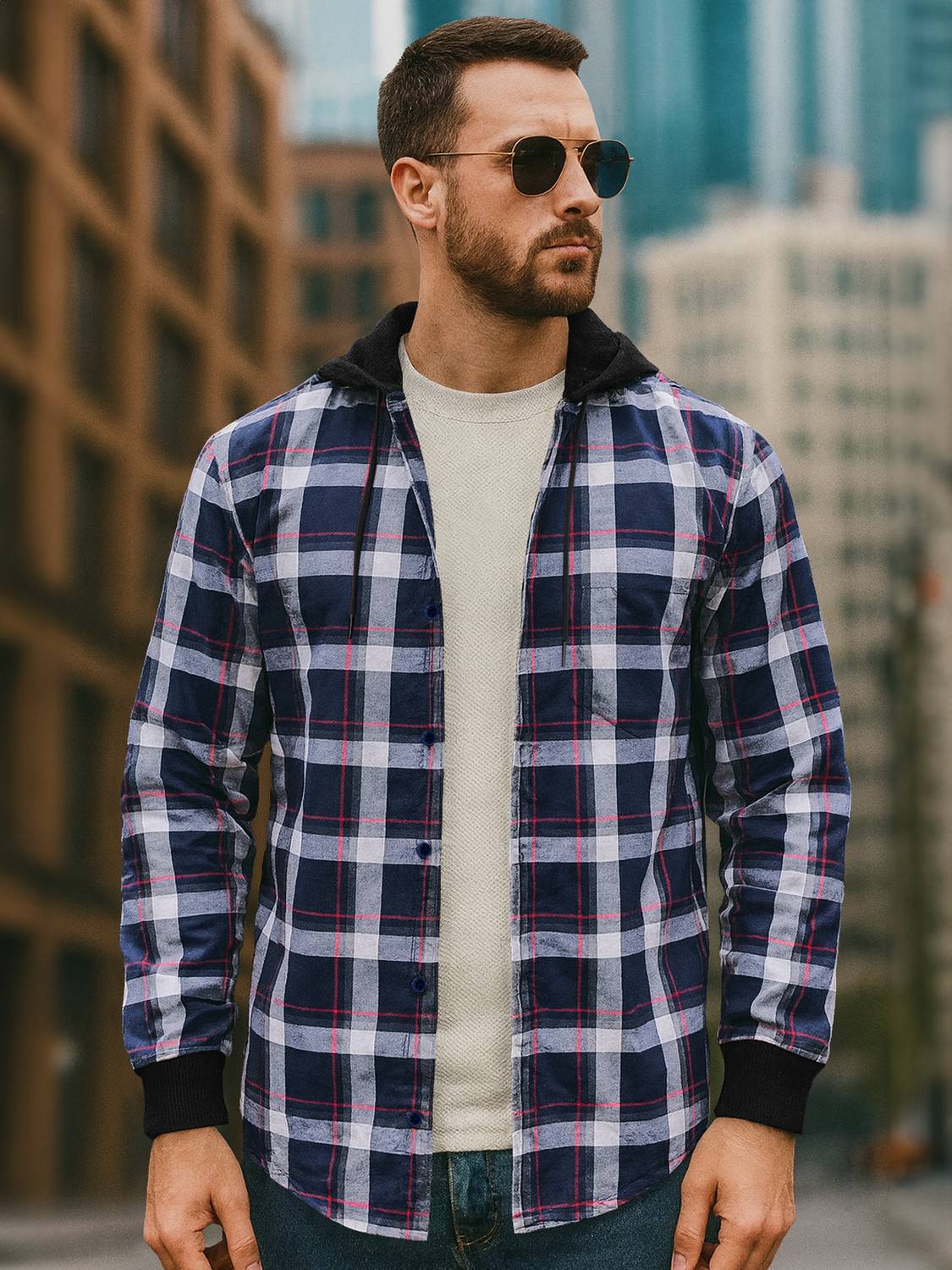 EyeBogler Men Regular Fit Checkered Hood Collar Casual Shirt