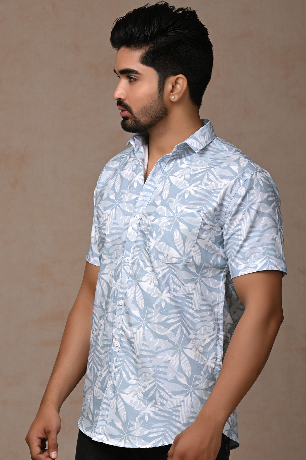 Image of Dargon Men Floral Print Casual Light Blue Shirt