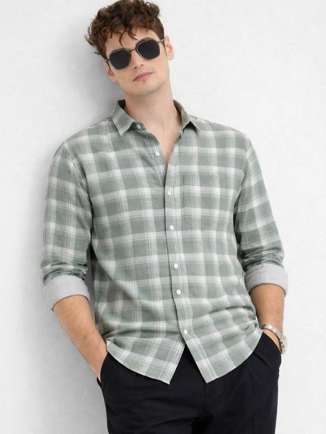 Image of OTUS Men Checkered Casual Green Shirt