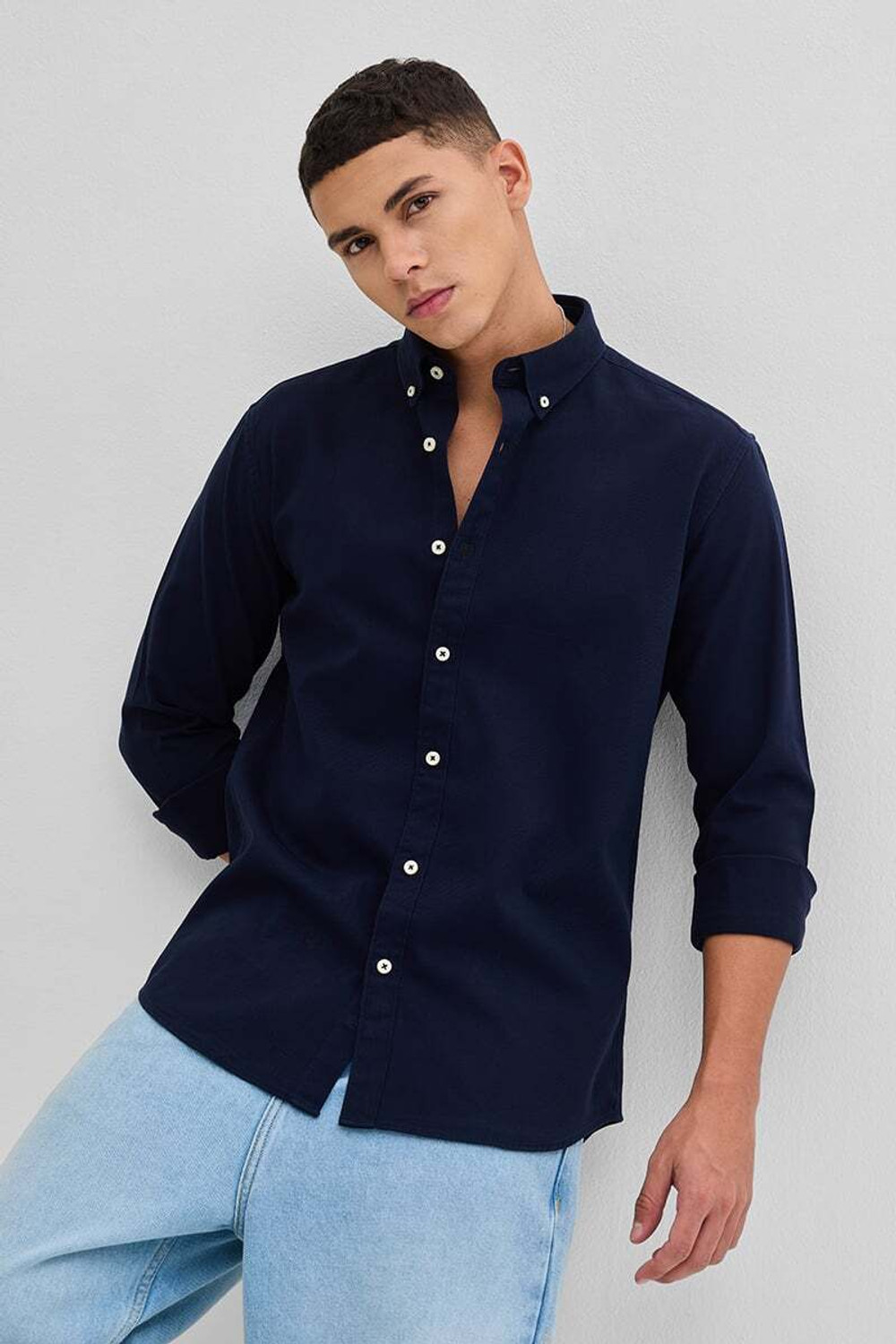 Image of Snitch Men Solid Casual Blue Shirt