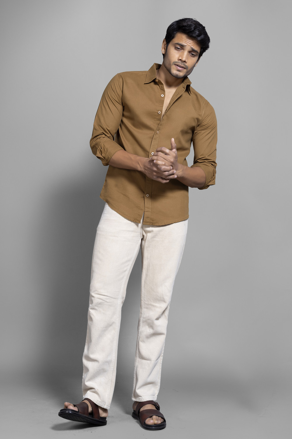 Image of METRONAUT Men Solid Casual Brown Shirt