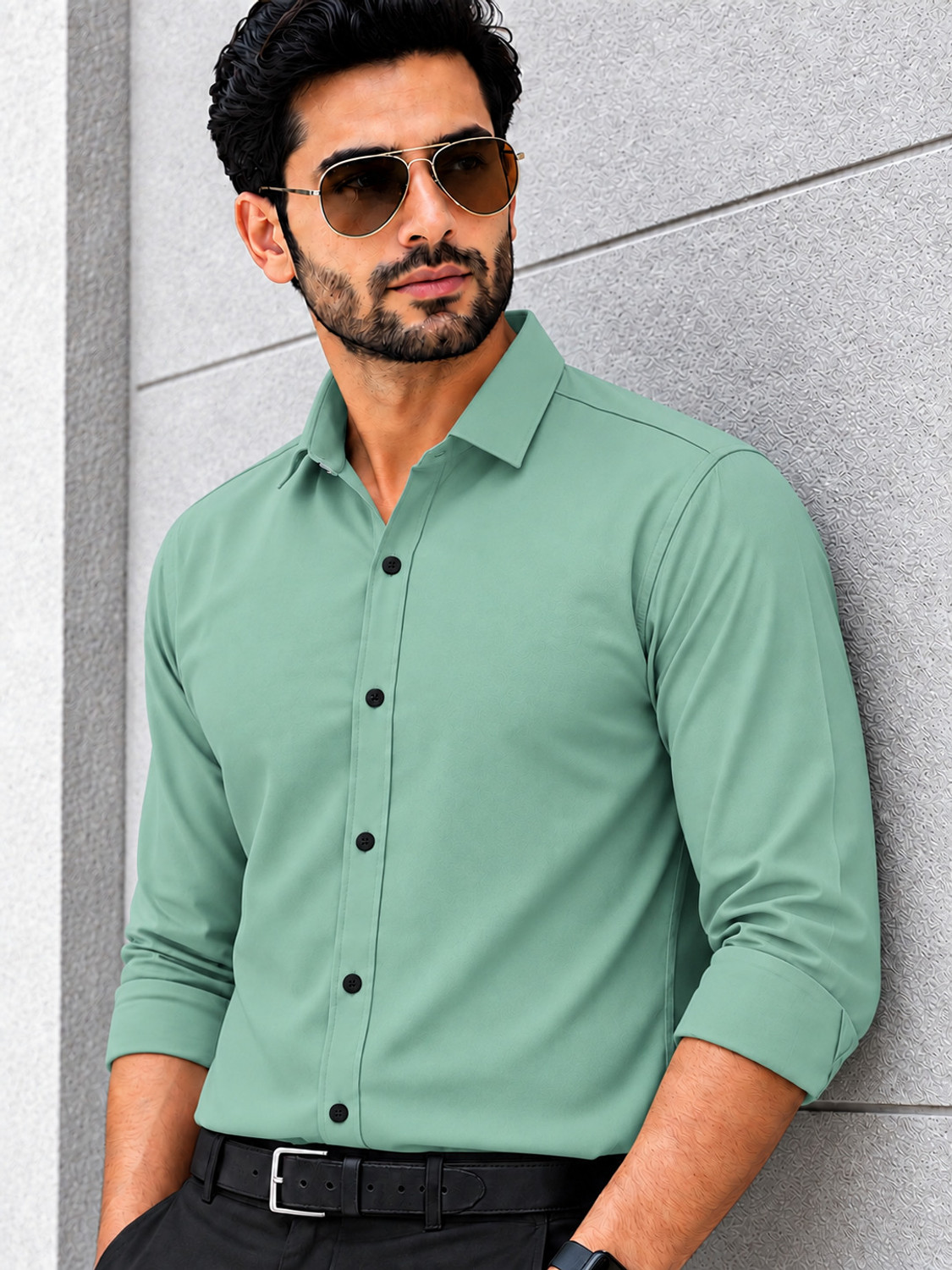 Image of HOYTOCHE Men Regular Fit Solid Spread Collar Formal Shirt