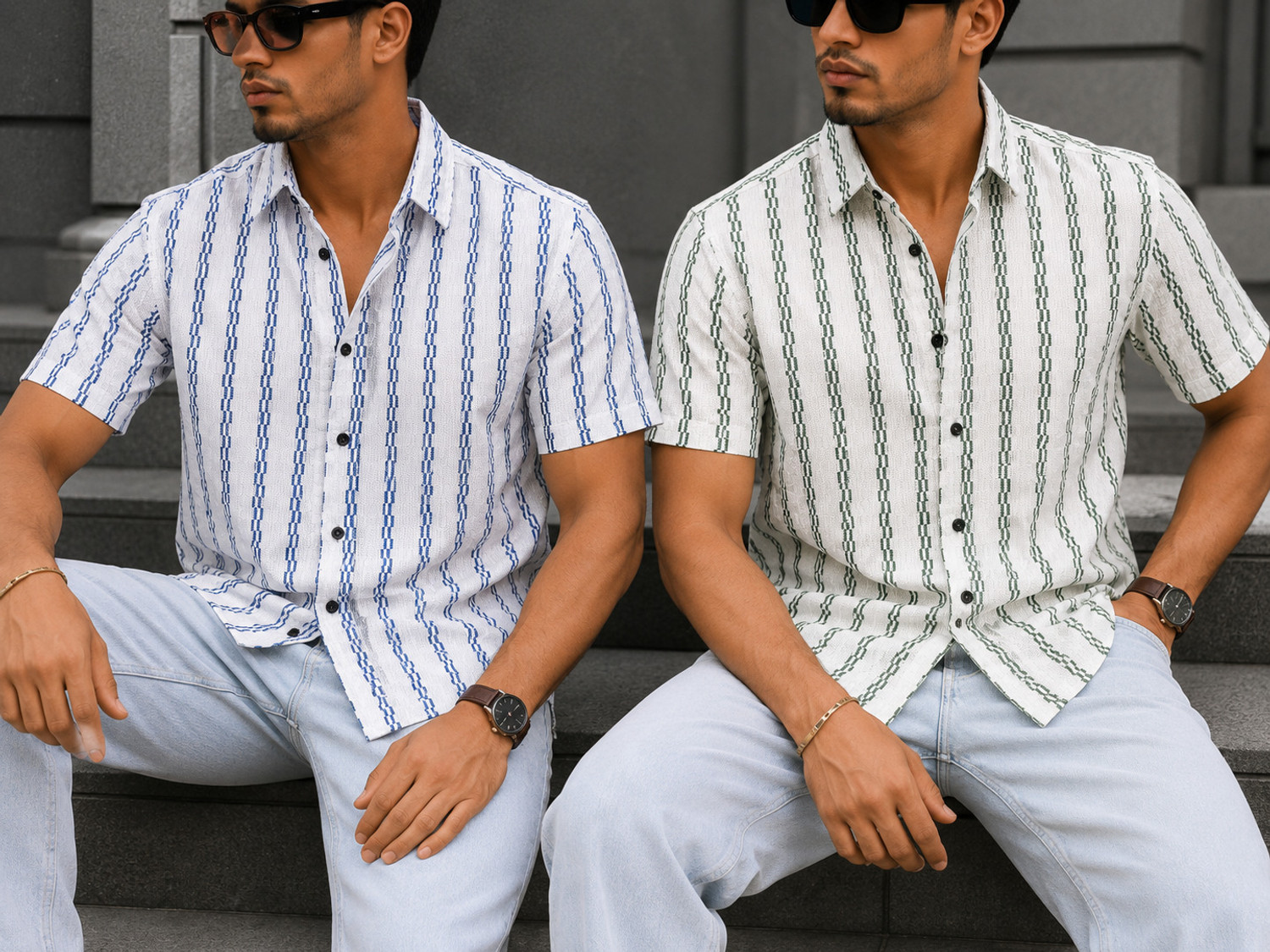 Image of VINTHON Men Striped Casual Blue, Green Shirt