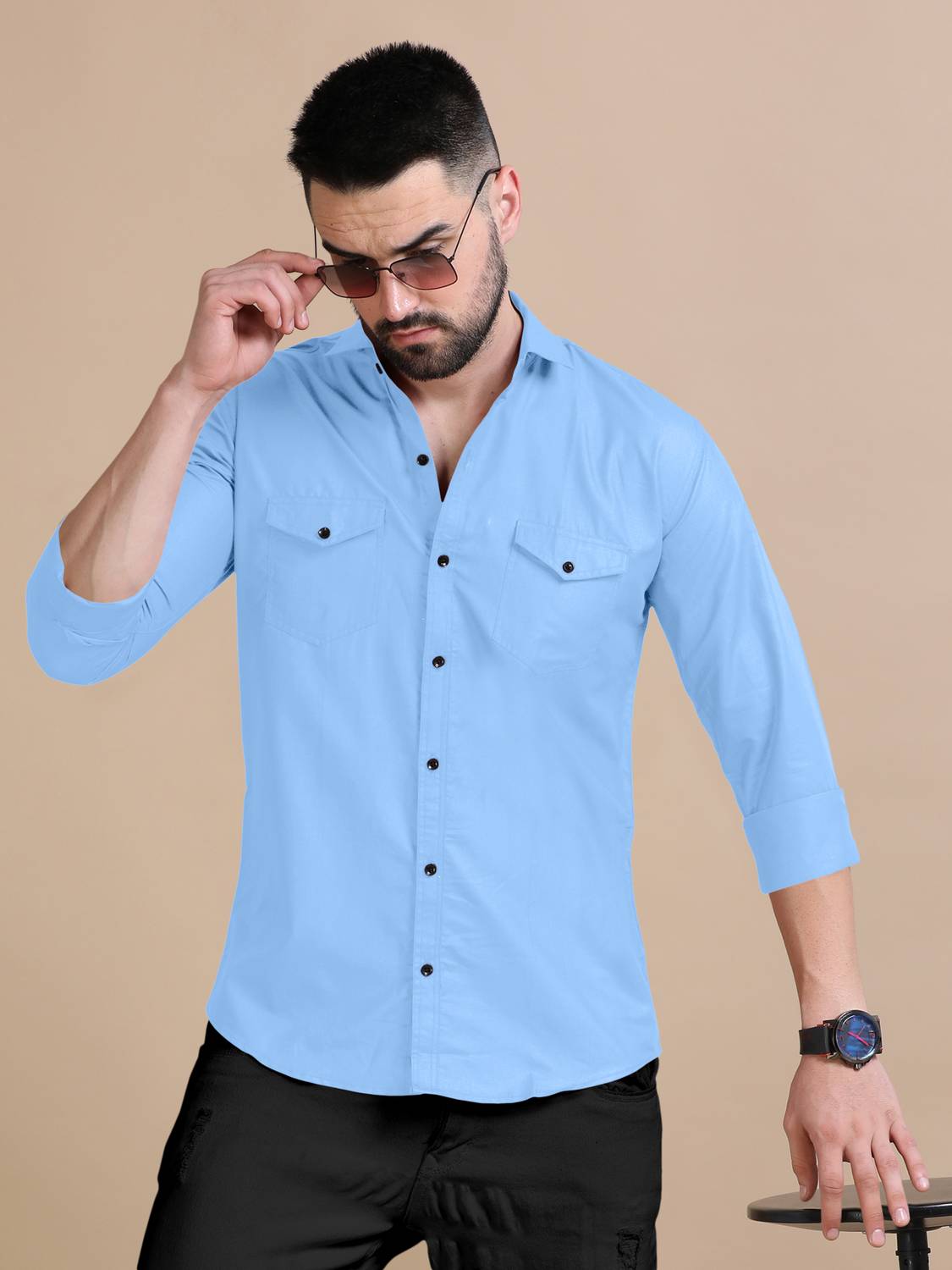 BroMiyO Men Solid Casual Light Blue Shirt
