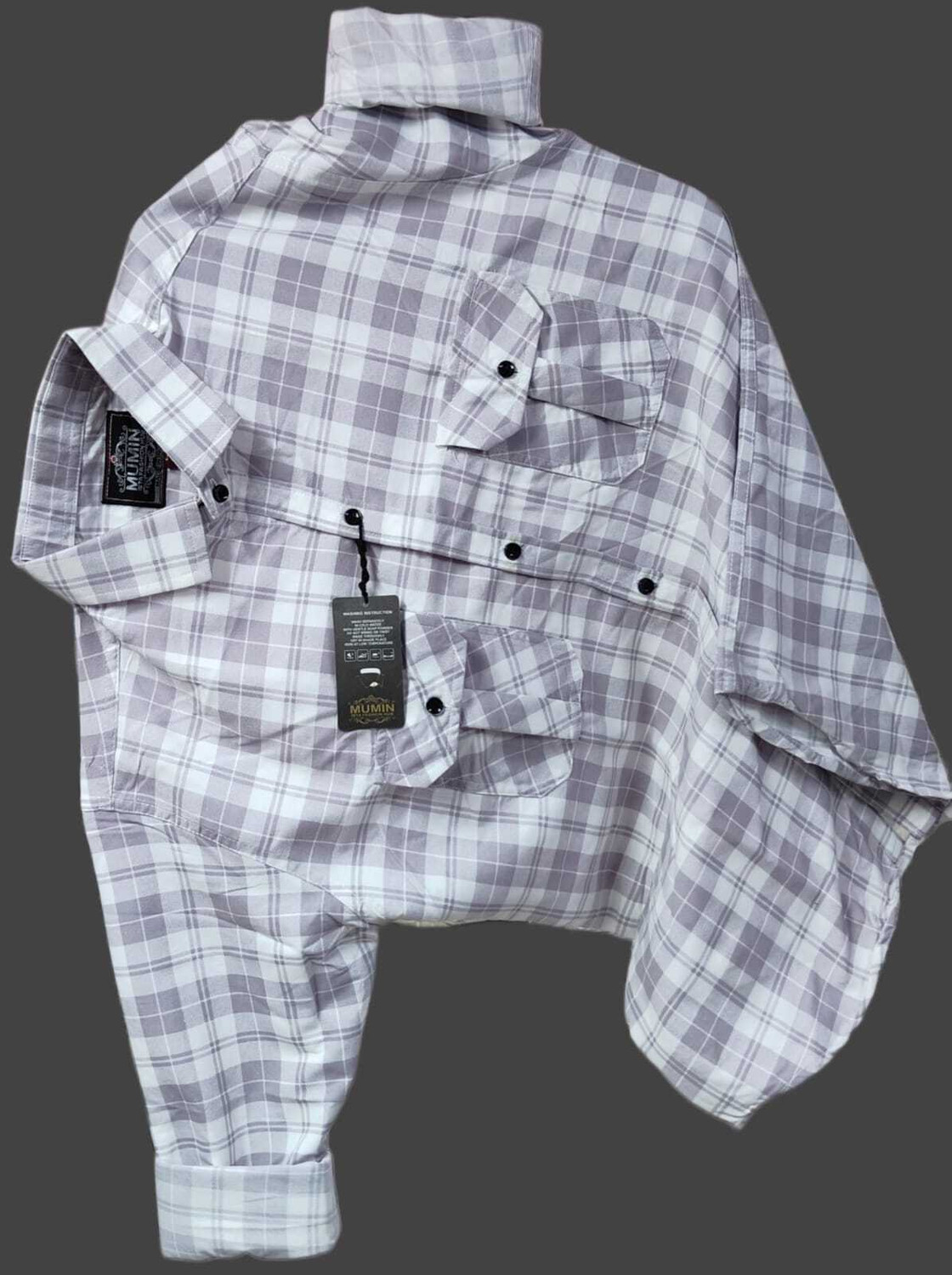 Image of MUMIN Men Checkered Casual Grey, White Shirt