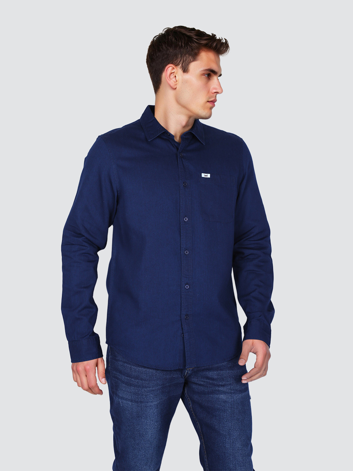 Image of LEE Men Solid Casual Dark Blue Shirt