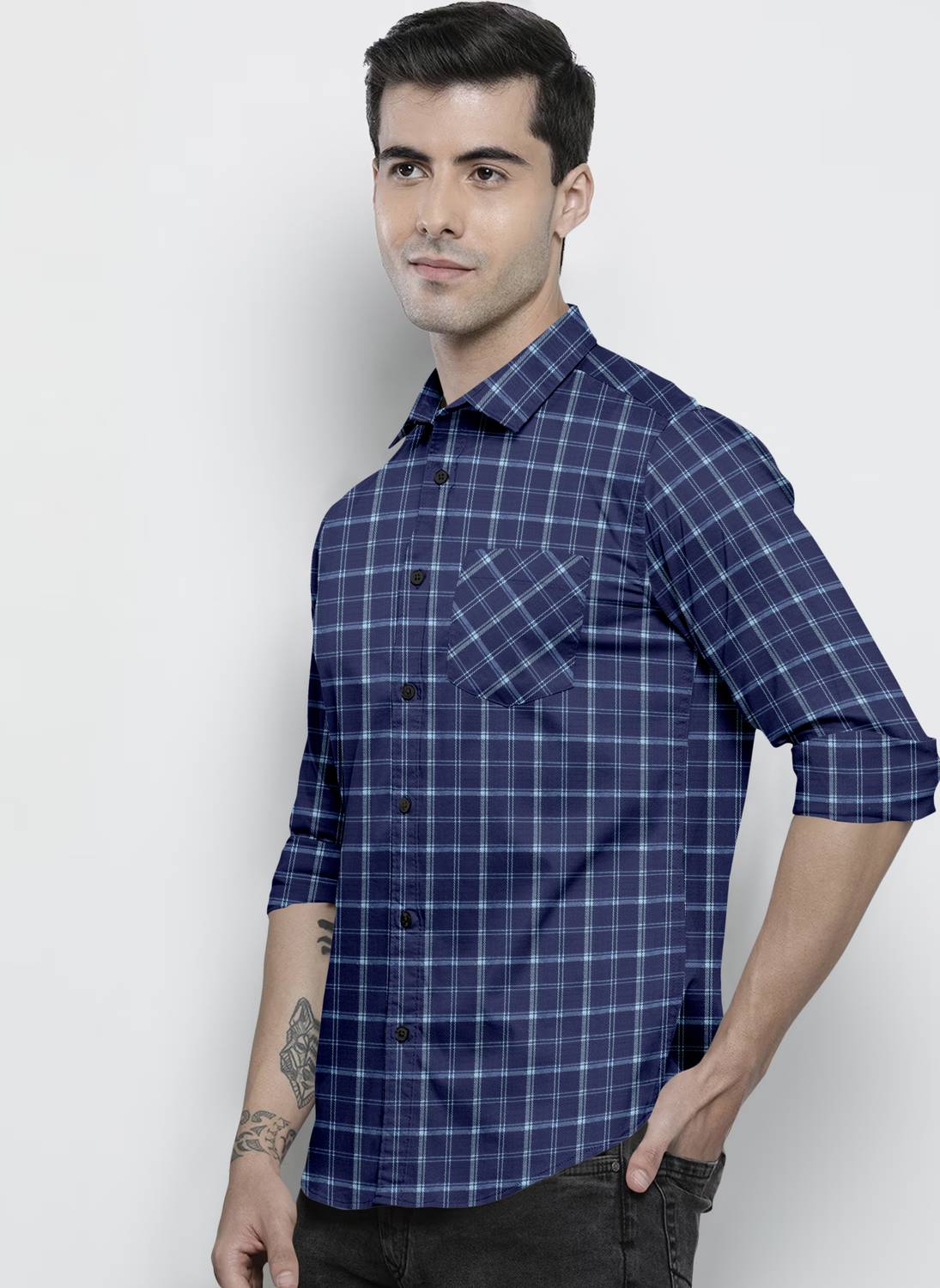 ALAIN CHIC Men Checkered Casual Dark Blue, Light Blue Shirt