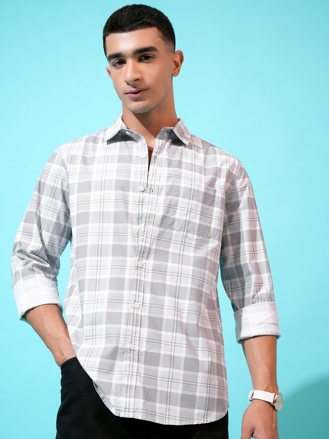 HIGHLANDER Men Checkered Casual Grey, White Shirt