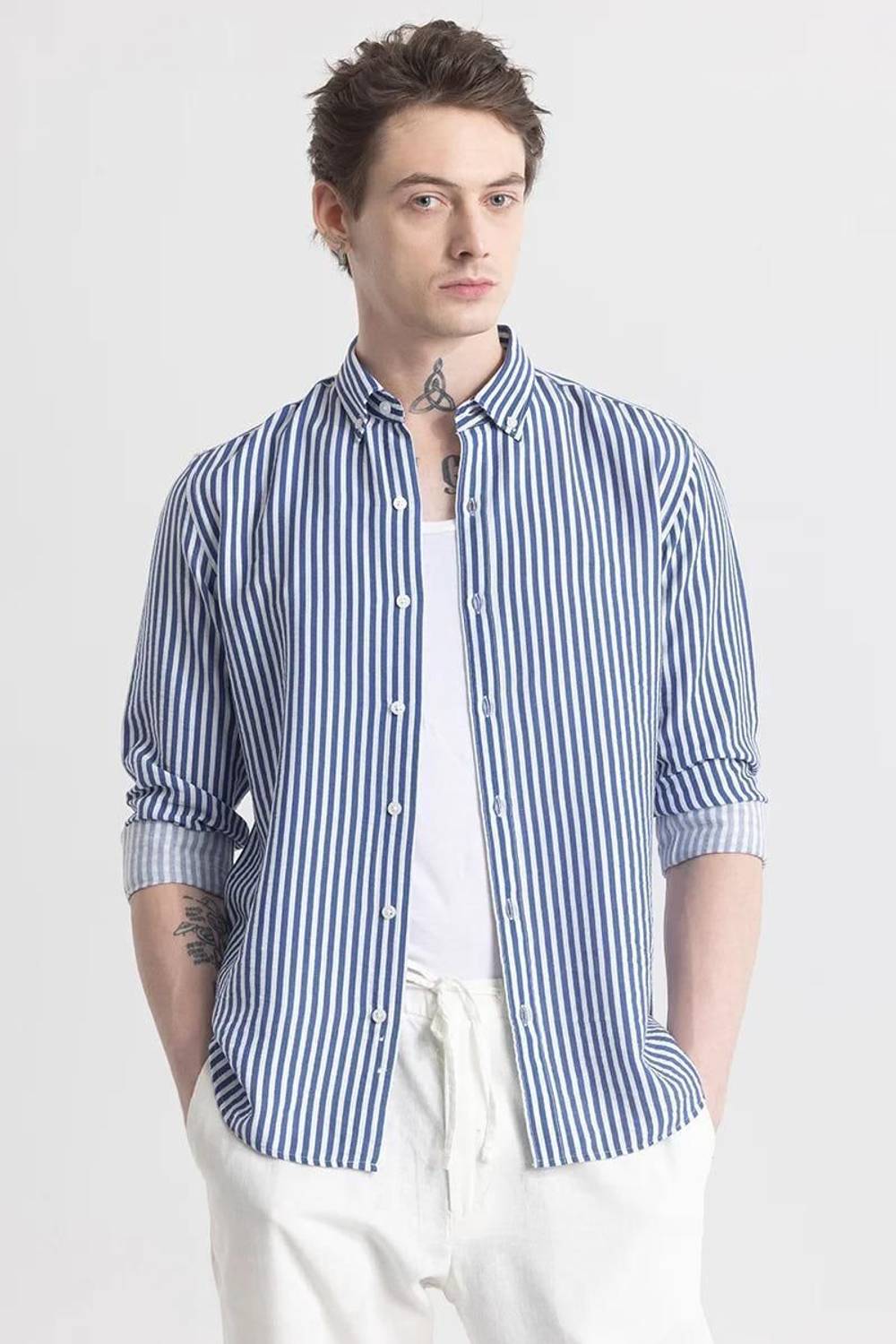 DivaNX Men Striped Casual White Blue Shirt - Image 5