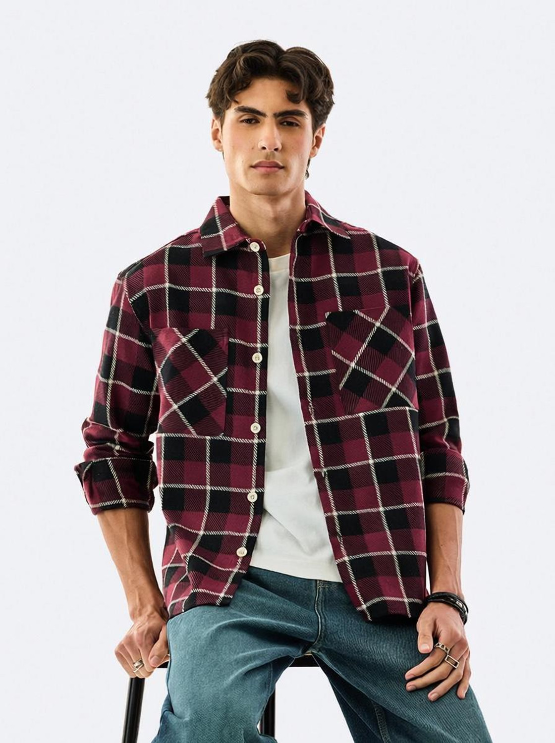 Image of Snitch Men Checkered Casual Maroon Shirt