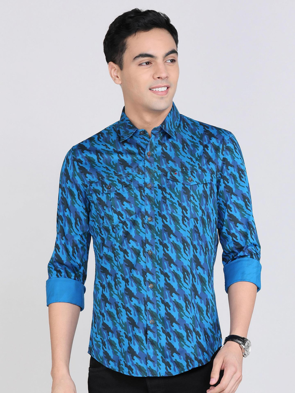 Image of PETER ENGLAND Men Printed Casual Blue Shirt