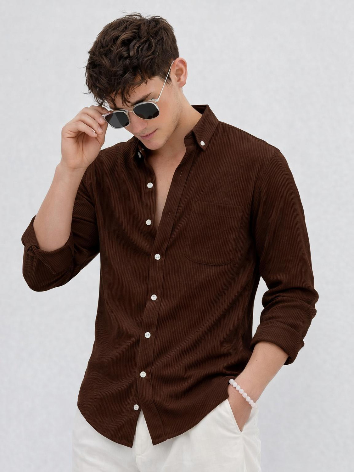 Image of COMBRAIDED Men Self Design Casual Brown Shirt