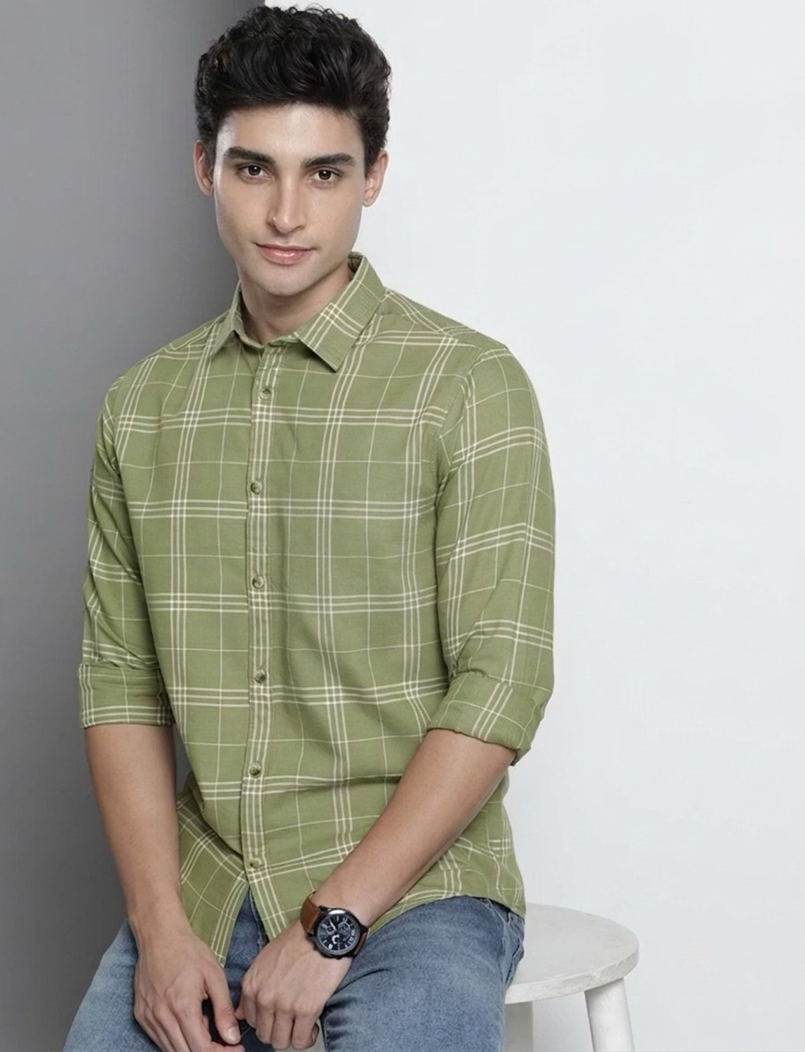 Image of METRONAUT Men Checkered Casual Light Green Shirt