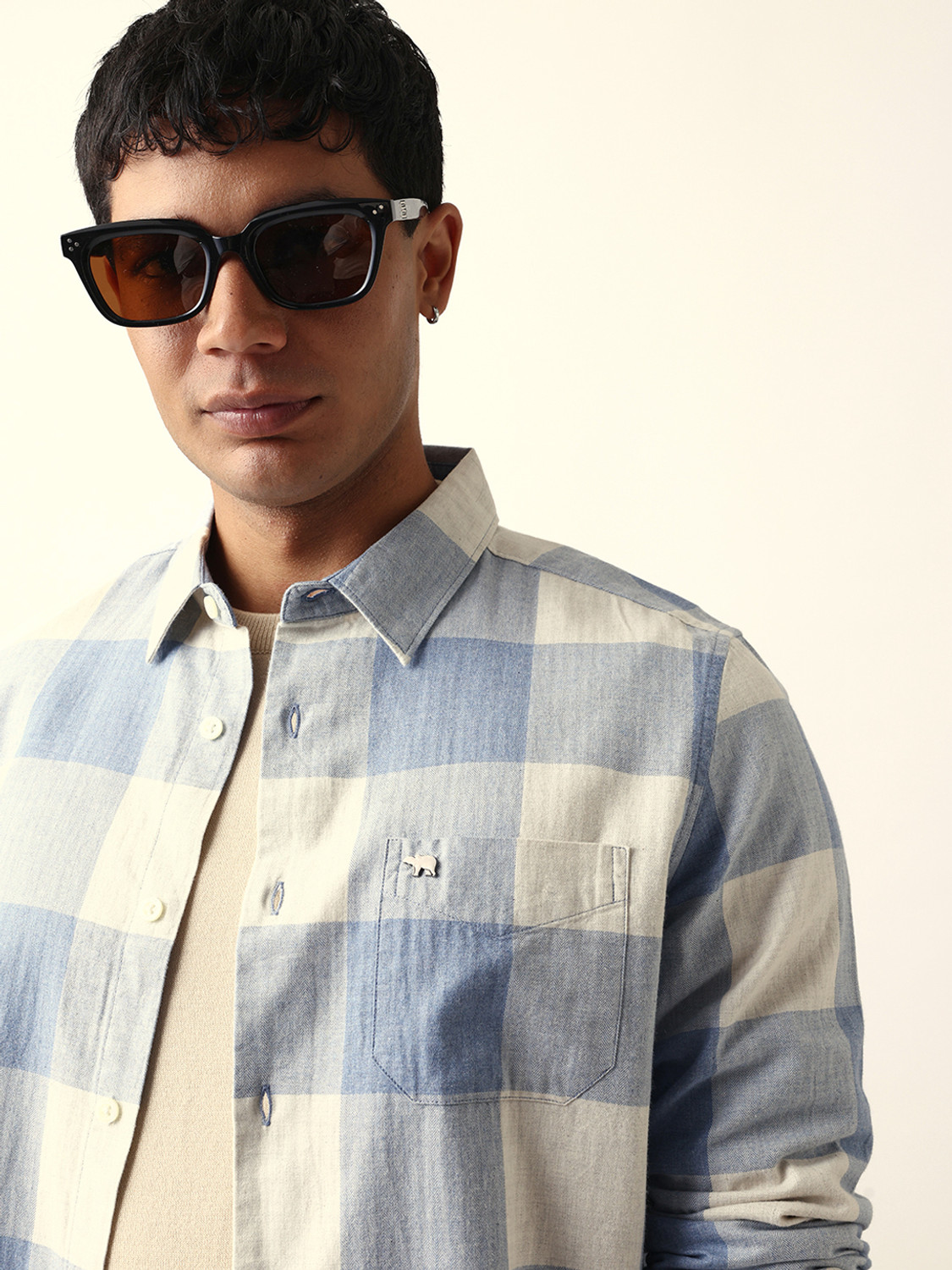 Image of THE BEAR HOUSE Men Checkered Casual Blue Shirt