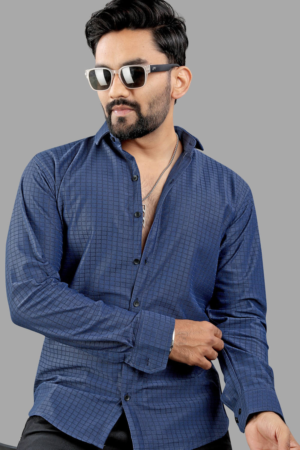 Image of VELLOSTA Men Checkered Casual Dark Blue Shirt
