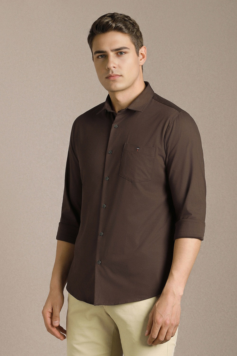 Image of LOUIS PHILIPPE Men Solid Casual Brown Shirt