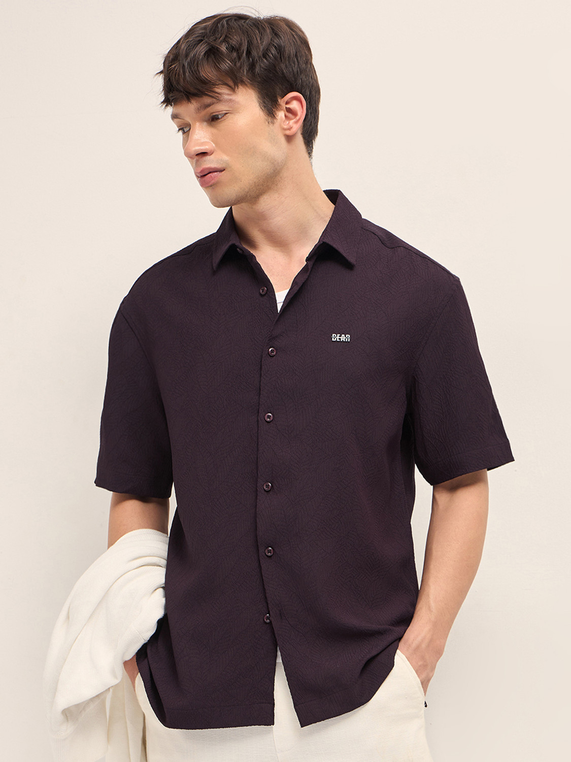 Image of THE BEAR HOUSE Men Self Design Casual Maroon Shirt