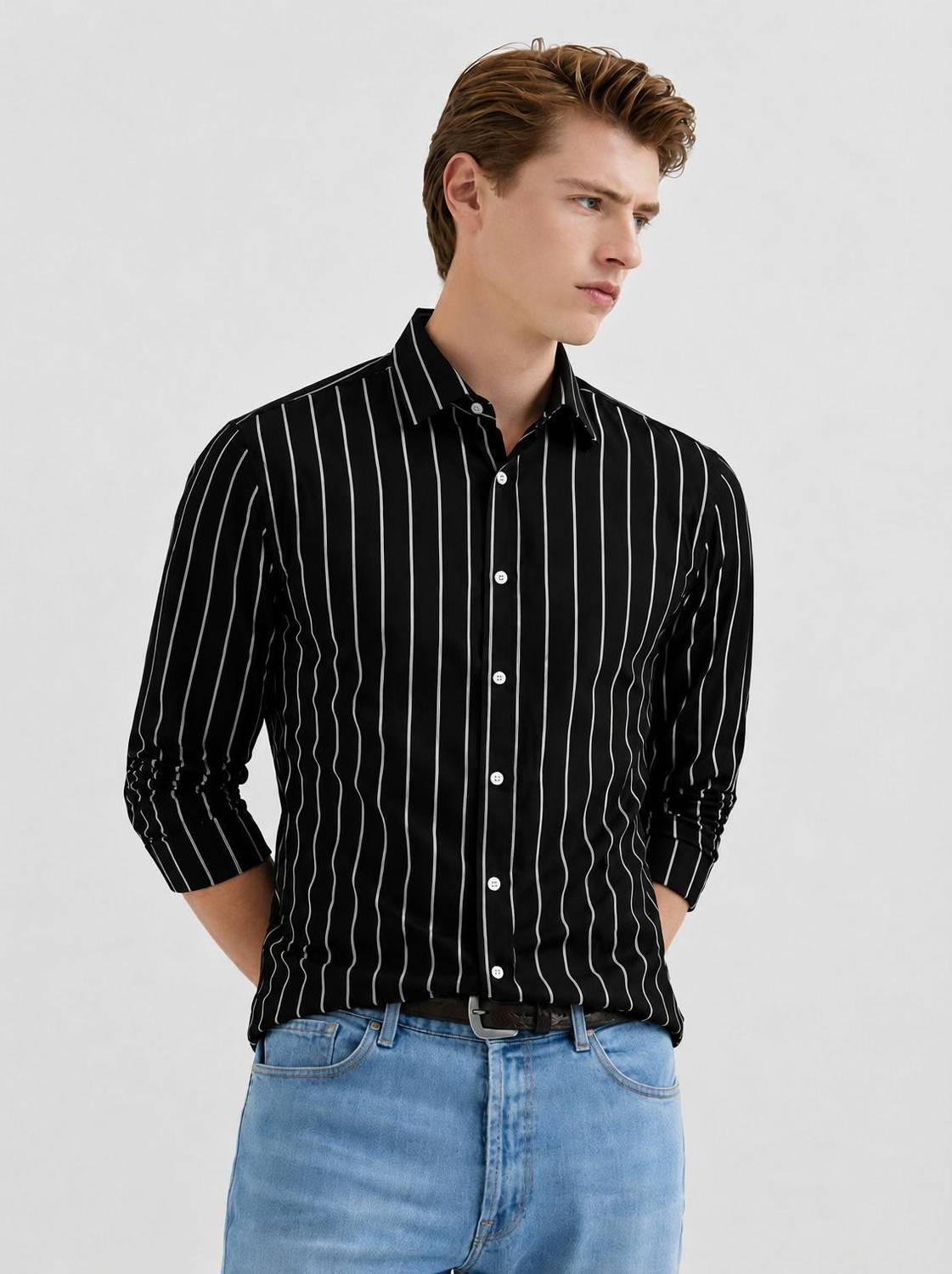 CAMBREEN Men Striped Casual Black Shirt
