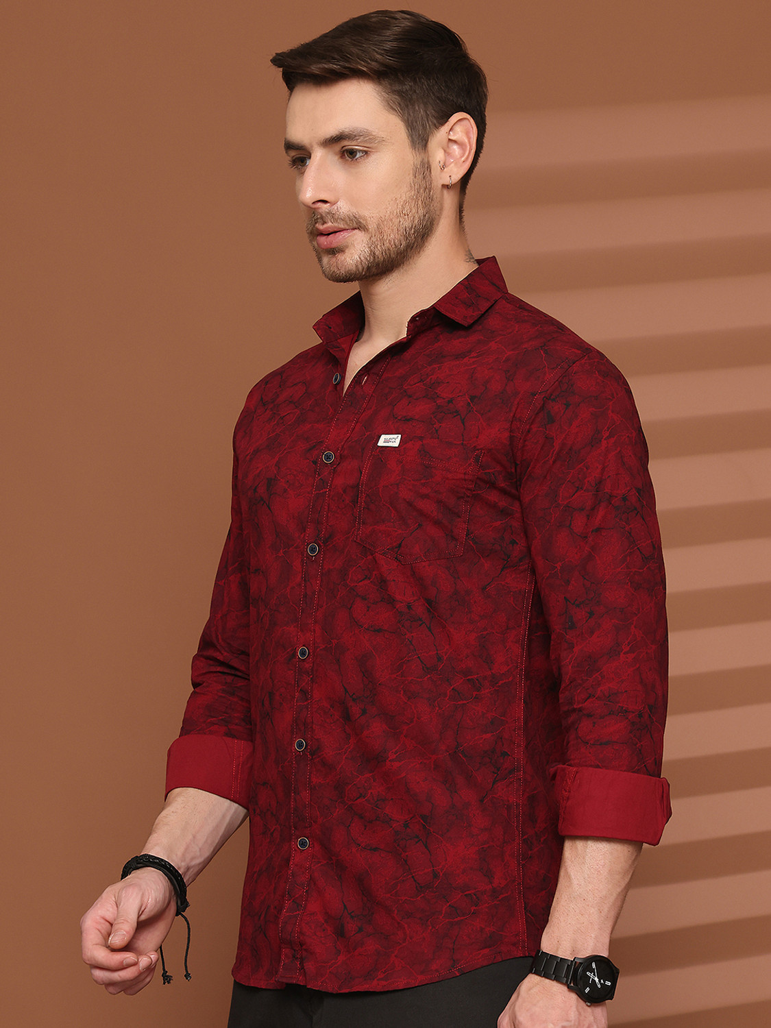 Image of Majestic Man Men Printed Casual Red Shirt