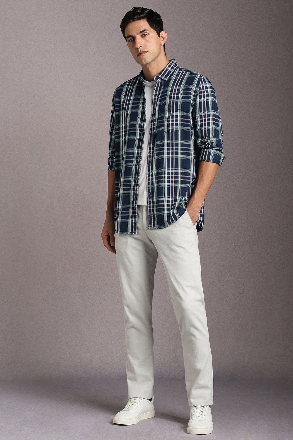Image of LOUIS PHILIPPE Men Checkered Casual Dark Blue Shirt