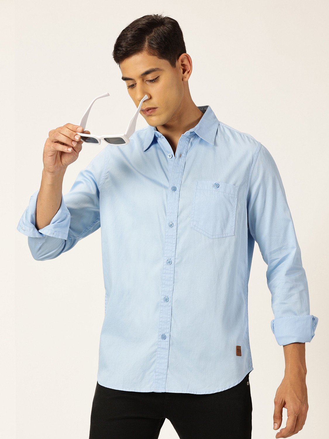 Image of PROVOGUE Men Solid Casual Blue Shirt