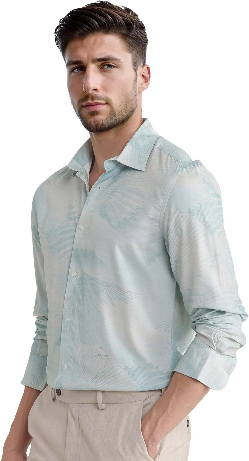 Image of RARE RABBIT Men Printed Casual Blue Shirt