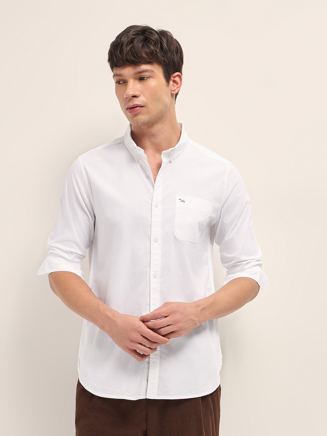 Image of THE BEAR HOUSE Men Solid Casual White Shirt