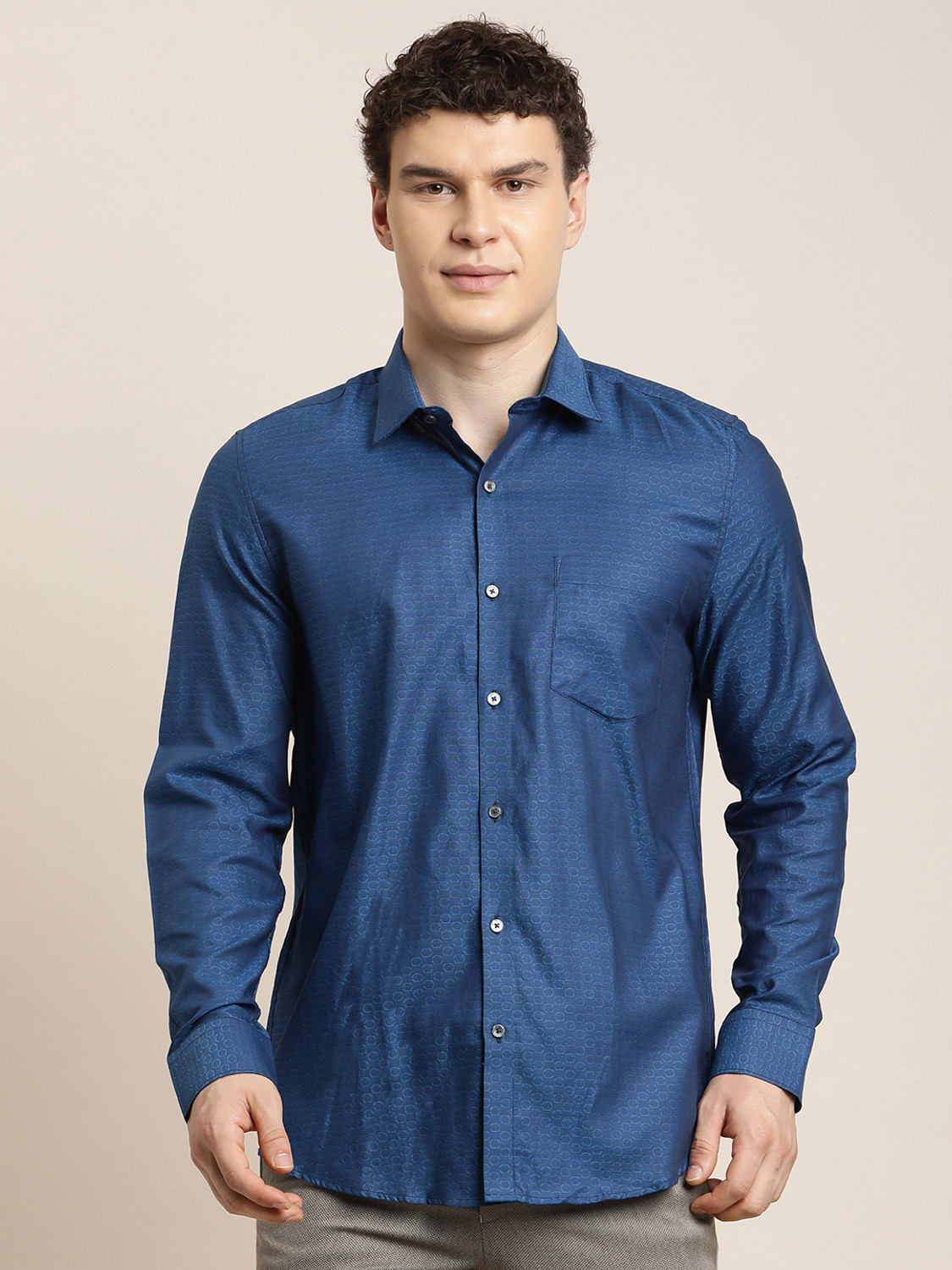 Image of TURTLE Men Self Design Formal Blue Shirt