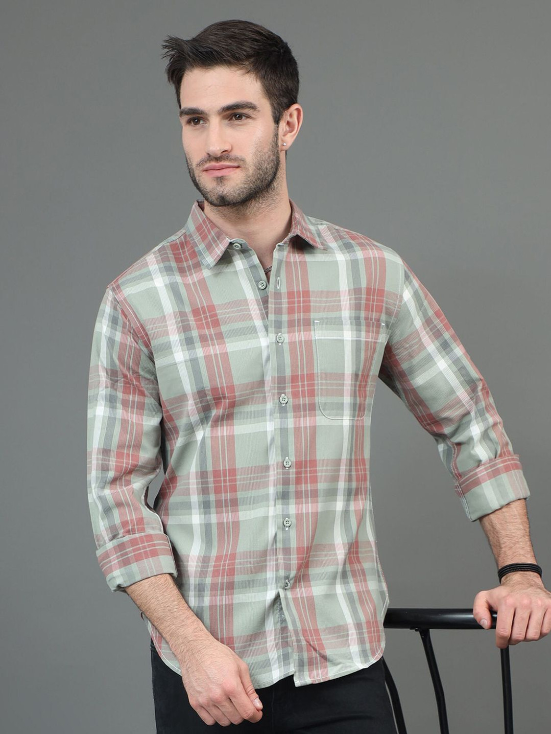 Image of HERE&NOW Men Checkered Casual Green, Pink Shirt