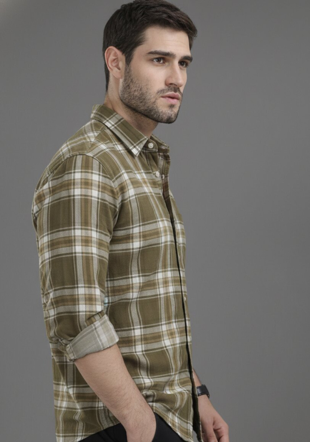Image of Roadster Men Checkered Casual Khaki Shirt
