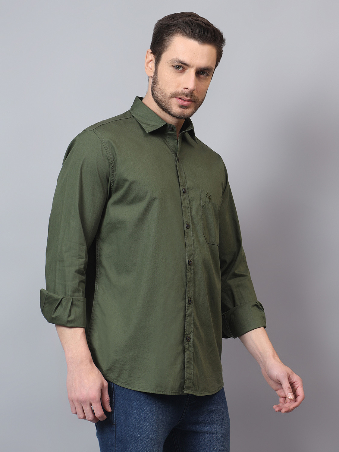 Image of CANTABIL Men Solid Casual Green Shirt
