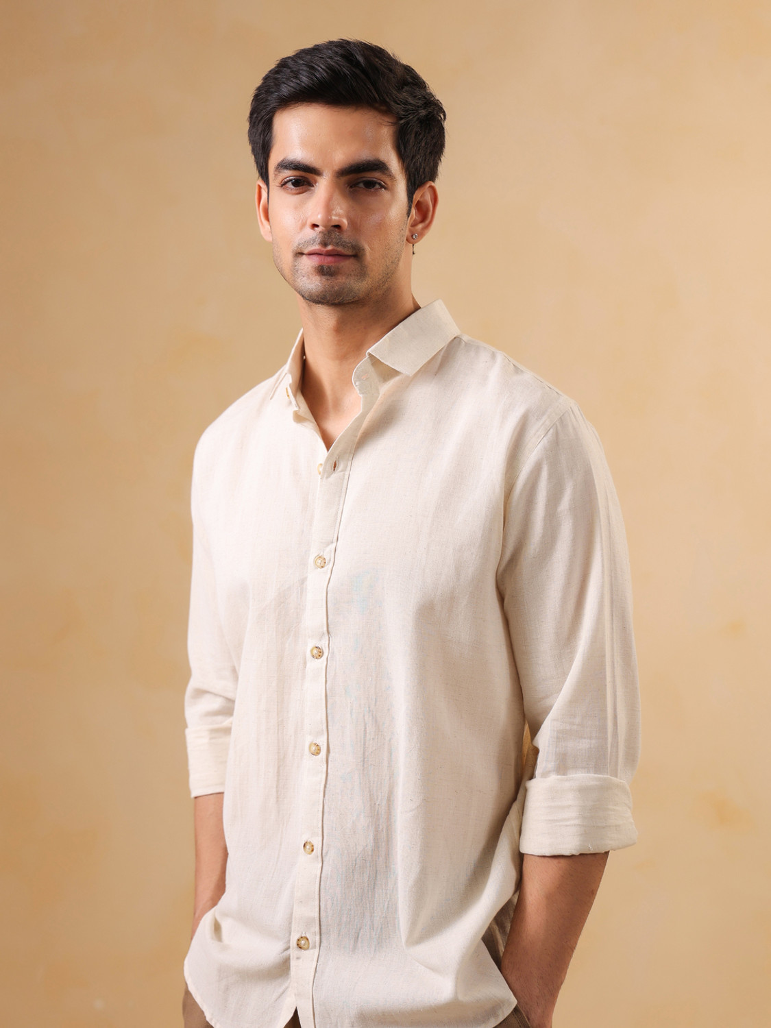 Image of TRULOOM Men Solid Casual Cream, White Shirt