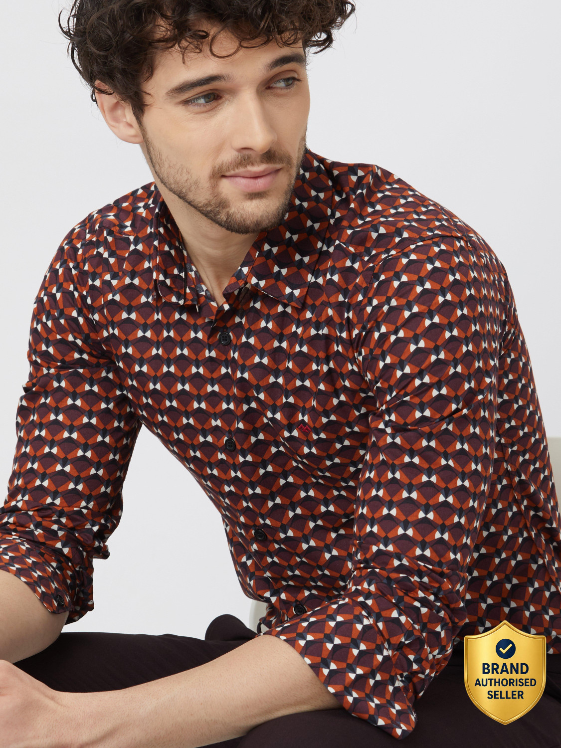 Image of MUFTI Men Geometric Print Casual Red, Black Shirt