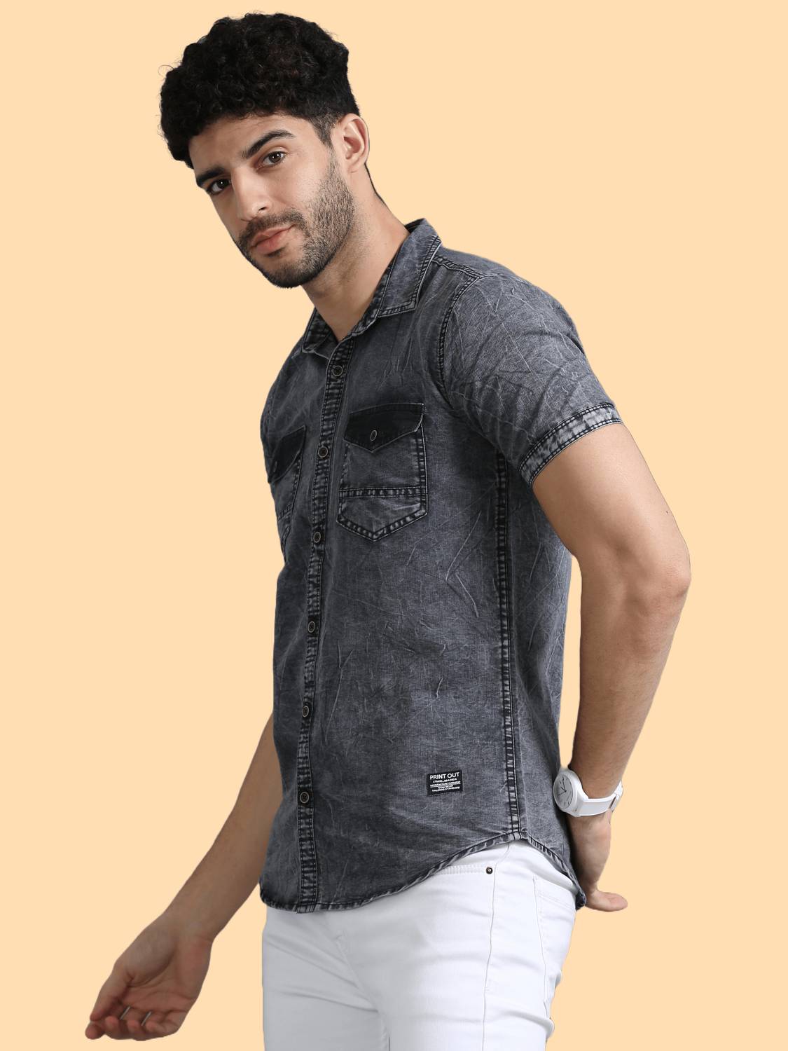 PRINTOUT Men Washed Casual Grey Shirt - Image 4