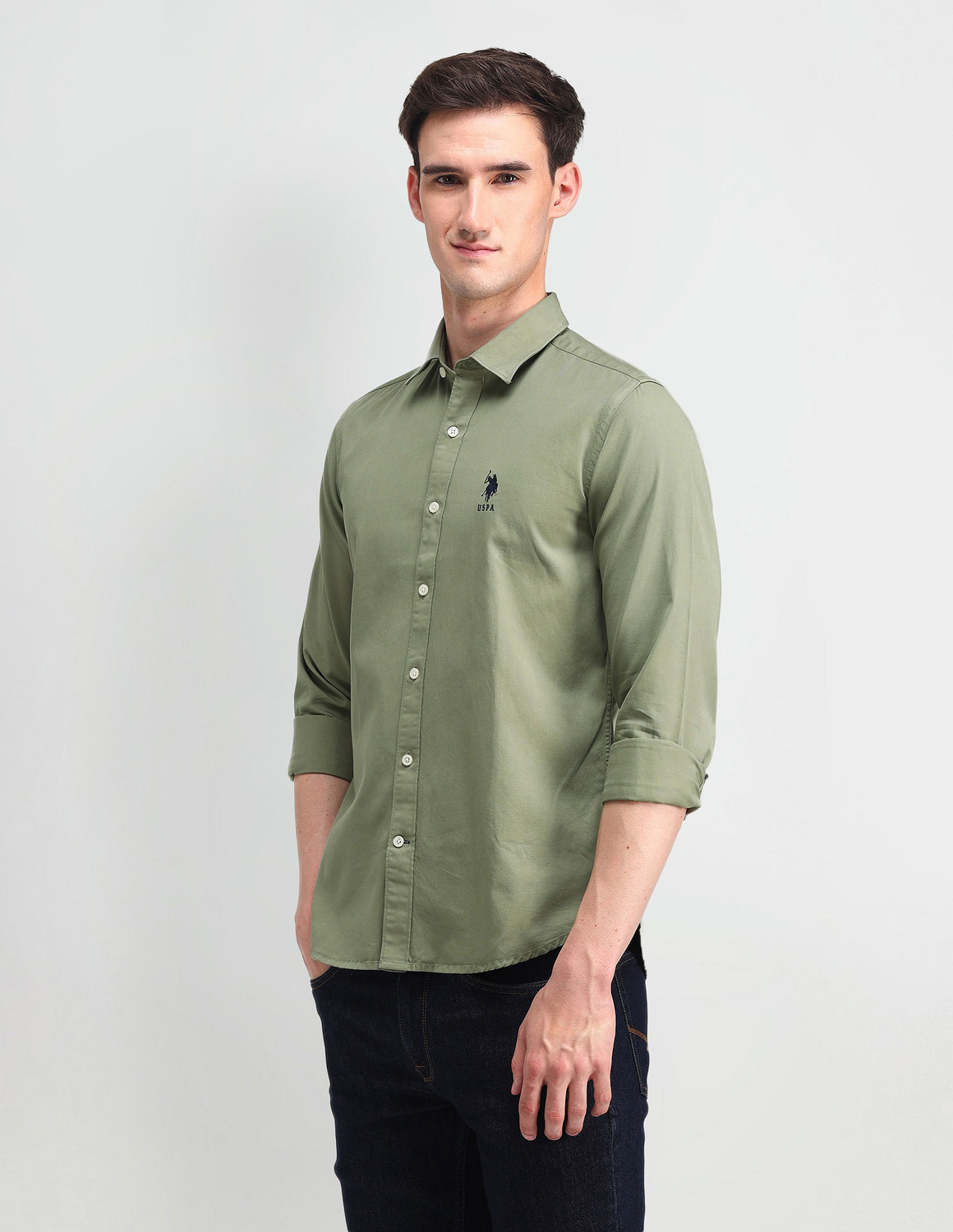 Image of U.S. POLO ASSN. Men Solid Formal Green Shirt