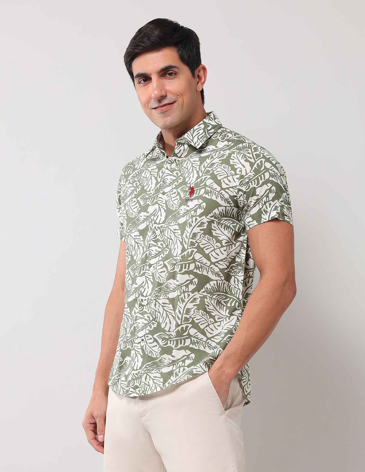Image of U.S. POLO ASSN. Men Floral Print Casual Green Shirt
