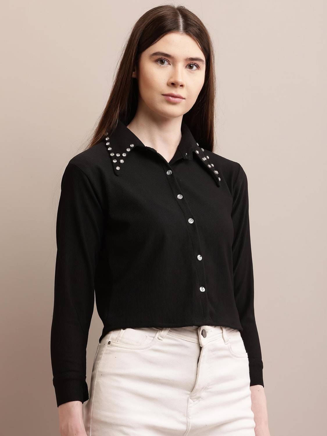 MAGHMA Women Embellished Casual Black Shirt