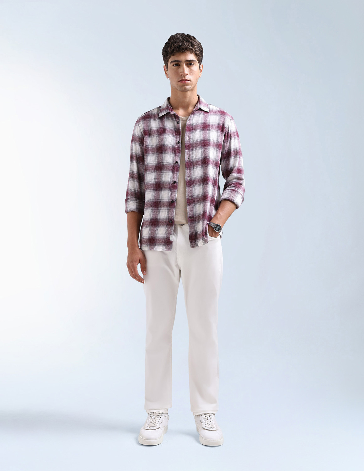 Image of FLYING MACHINE Men Checkered Casual Red Shirt